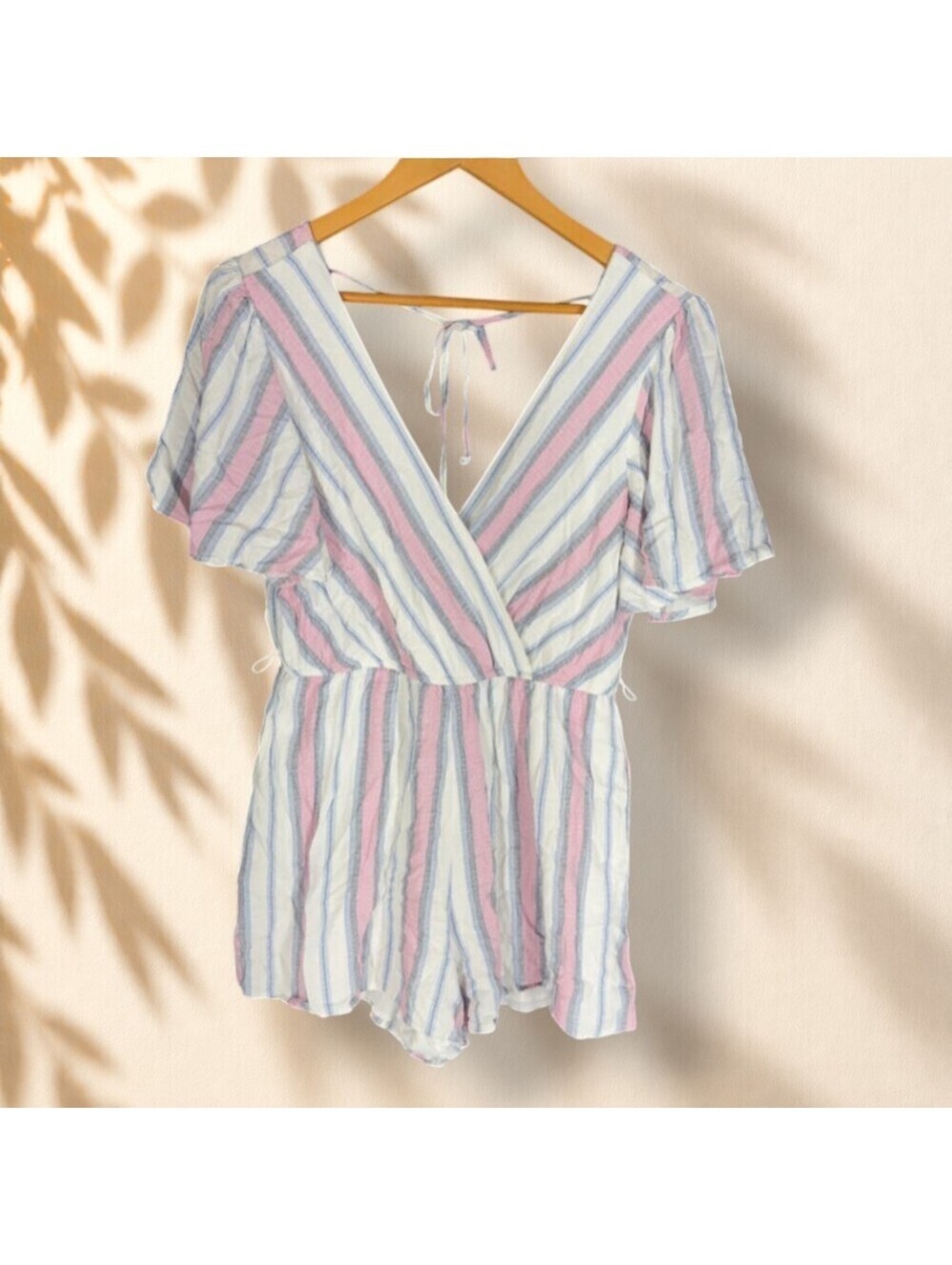 Altar'd State Jumpsuit Women XL White Striped V-Neck Short Sleeve Lined Rayon